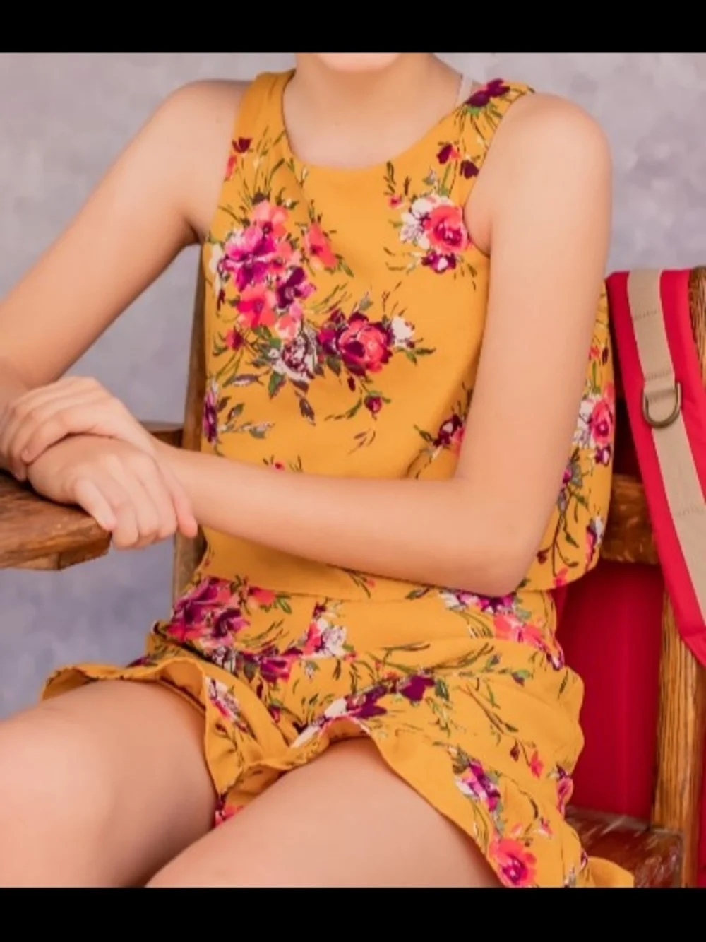 Lilt Girls Yellow Floral 2pc Set Sleeveless Top With Lace Back & Shorts